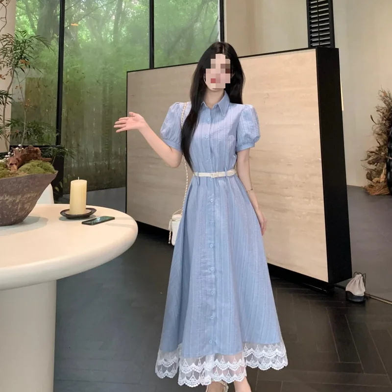 Light Blue Striped Shirt Midi Dress Women Puff Short Sleeve Belted Lace Hem Button Down Long Dress