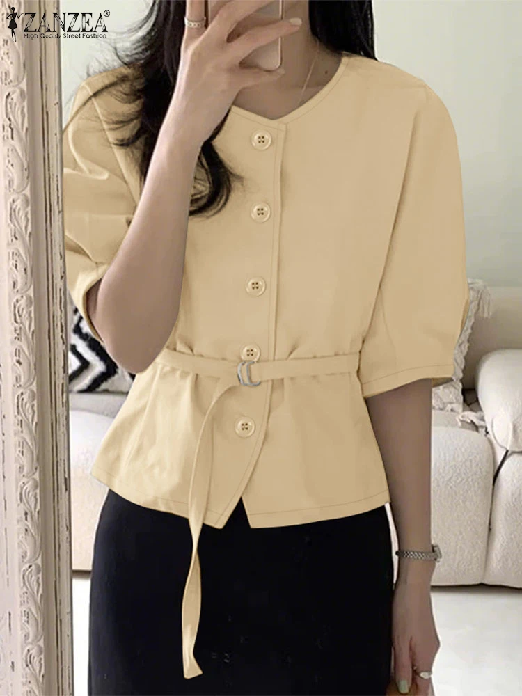 ZANZEA Half Puff Sleeve Tie-Waist Shirts Korean Fashion Women Office Button Up Chemises Femme 2025 Summer O-Neck Elegant Tops