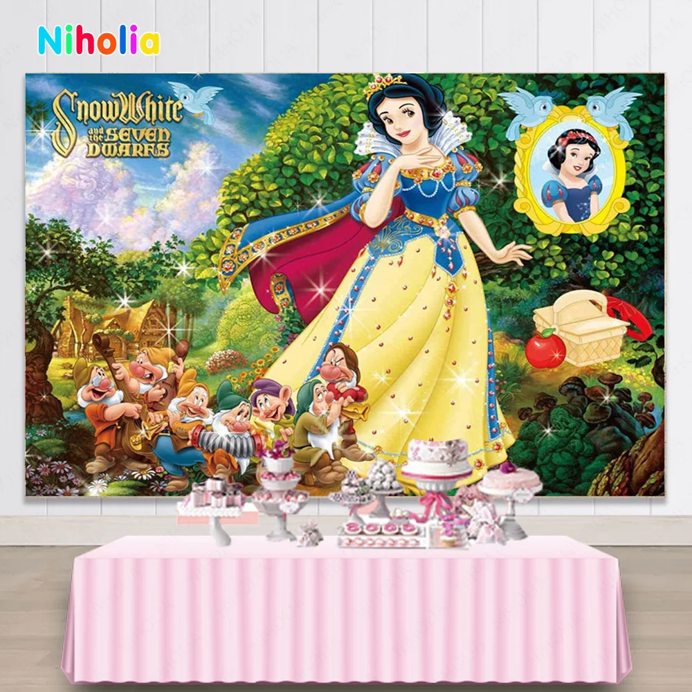 Disney Snow White Princess Background Decor Kids Girl Birthday Party Backdrop Seven Dwarfs Baby Shower Room Photo Banner Poster