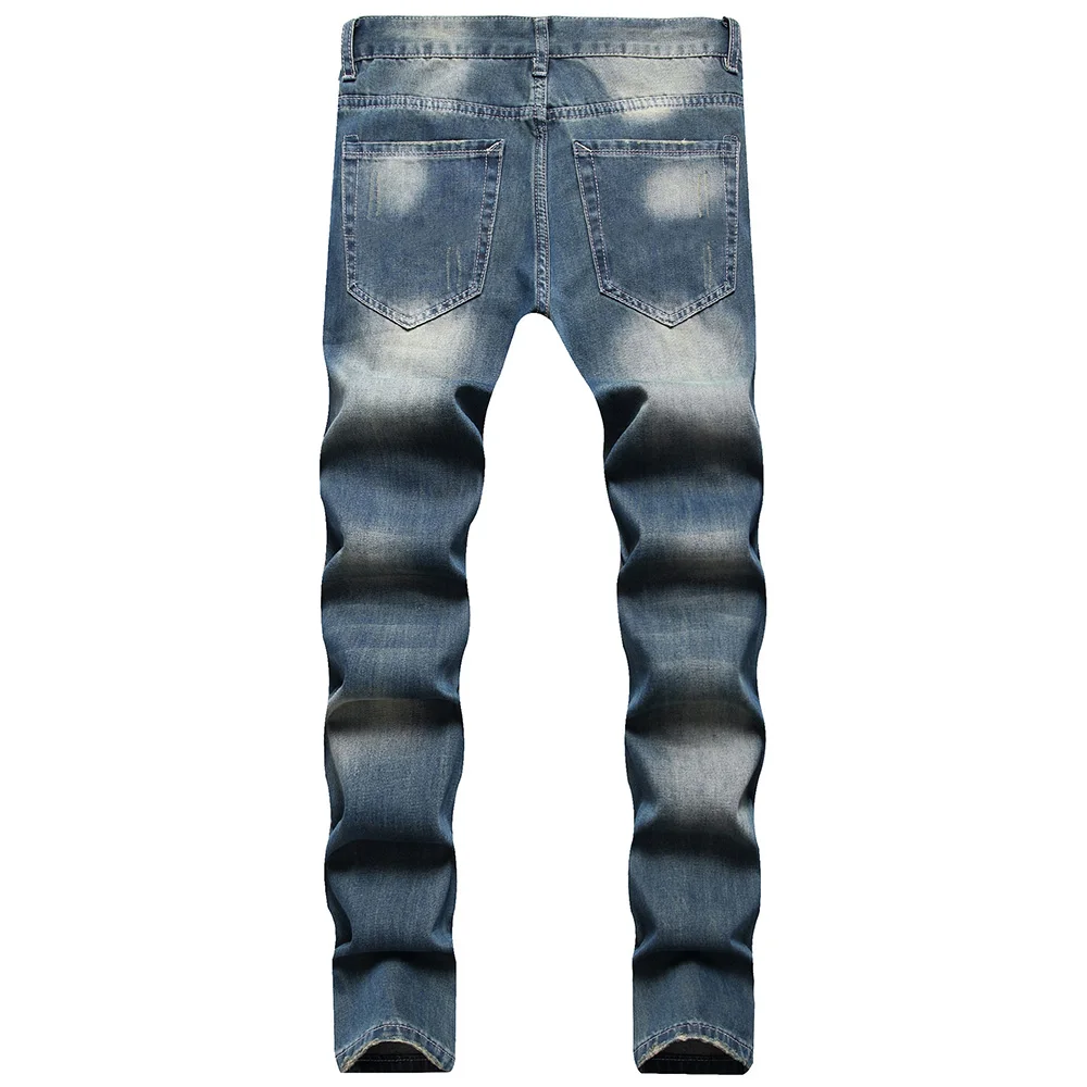 Men Fancy Color Holes Ripped Denim Jeans Streetwear Distressed Straight Pants Plus Size Blue Trousers