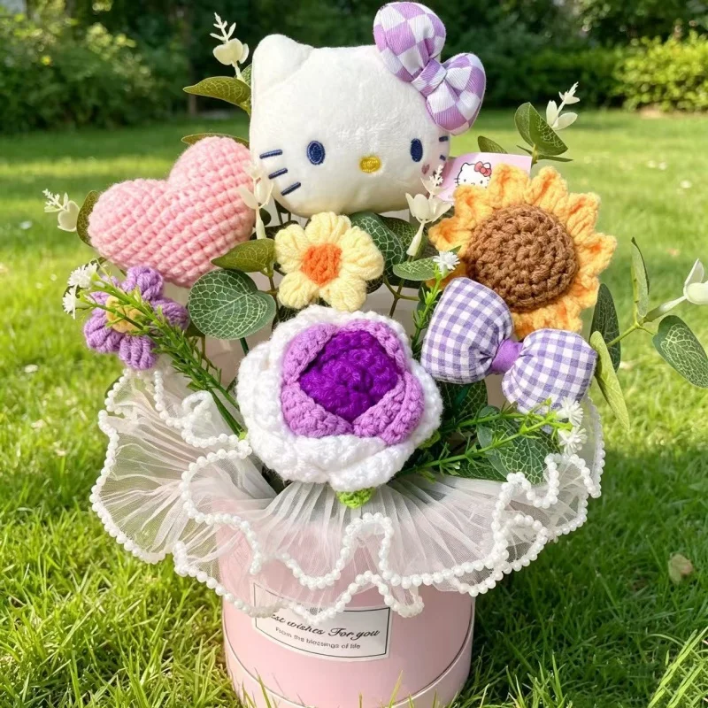 Echte Hellokitty Plüschtiere mit Gehäkelten Blumen Kreative Sträuße Tischdekoration für Zuhause Weihnachts- Geburtstags- und Neujahrsgeschenk – Detail 11
