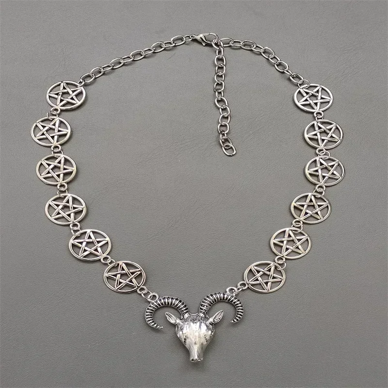 Goat Head Choker Necklace, Ram and Pentagram Chain Necklace, Baphomet Necklace,Gothic Wicca,Satanic Occult, Witchy Goat Necklace