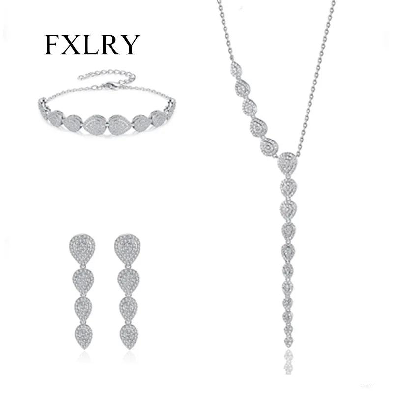 

FXLRY Fashion Cubic Zirconia Multiple Waterdrop CZ Stones Long Earring Adjustable Bracelet Drop Pendant Necklace for Women Jewel