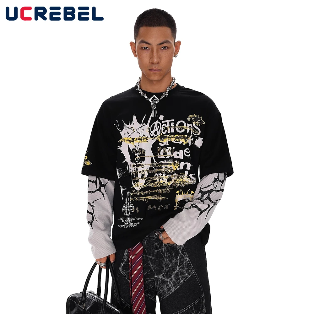 

Hip Hop Letter Print Fake two-piece T-shirt Mens Autumn Streetwear Loose Crew Neck Long Sleeve Tshirt Man Tee