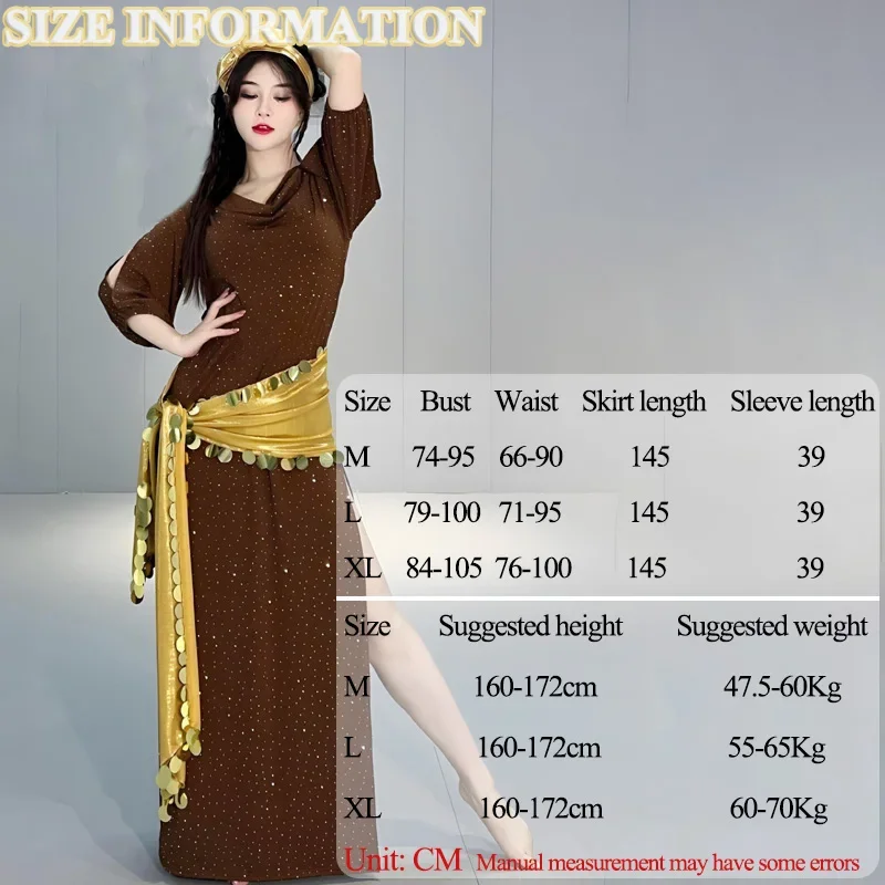 Buikdanskostuum Vrouwelijke Volwassen Sexy Mode Glitter Jurk + Hoofddoek + Taille Sjaal 3PC Set Halloween Prestaties Exotisch kostuum