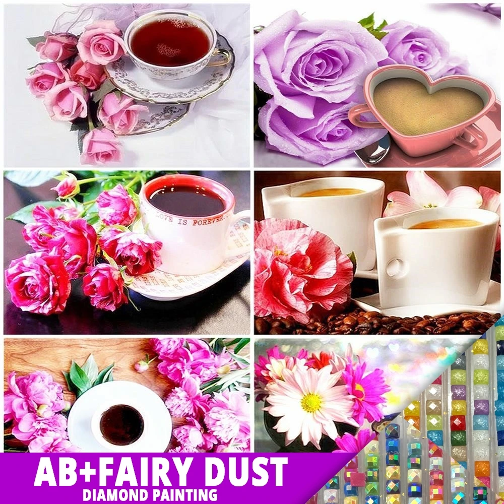 

AB Fairy Dust Diamond Painting 5D Embroidery Scenic Cup Rhinestones Coffee Mosaic Flower Home Decor Full Drill DIY Crafts