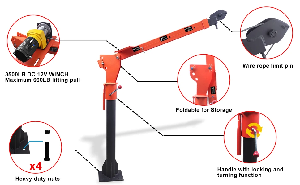 RUGCEL WINCH Nuova gru pieghevole montata su camion da 1100 libbre, con verricello elettrico 3500 libbre 12V, gru per camioncino in acciaio verniciato 360