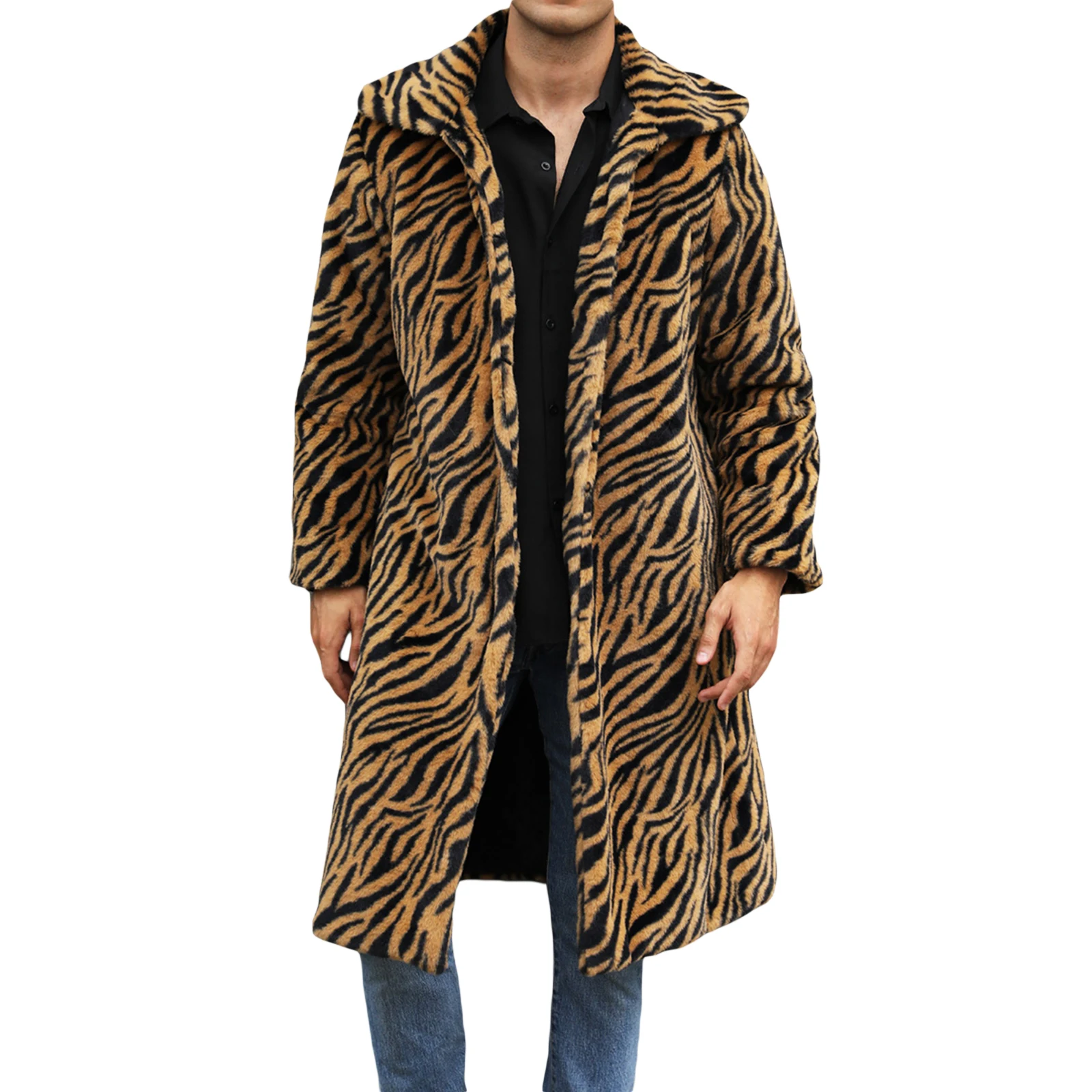 2024 Men’s Faux Fur Coat Winter Warm Long Sleeve Leopard/Zebra Print Long Jacket Open Front Overcoat