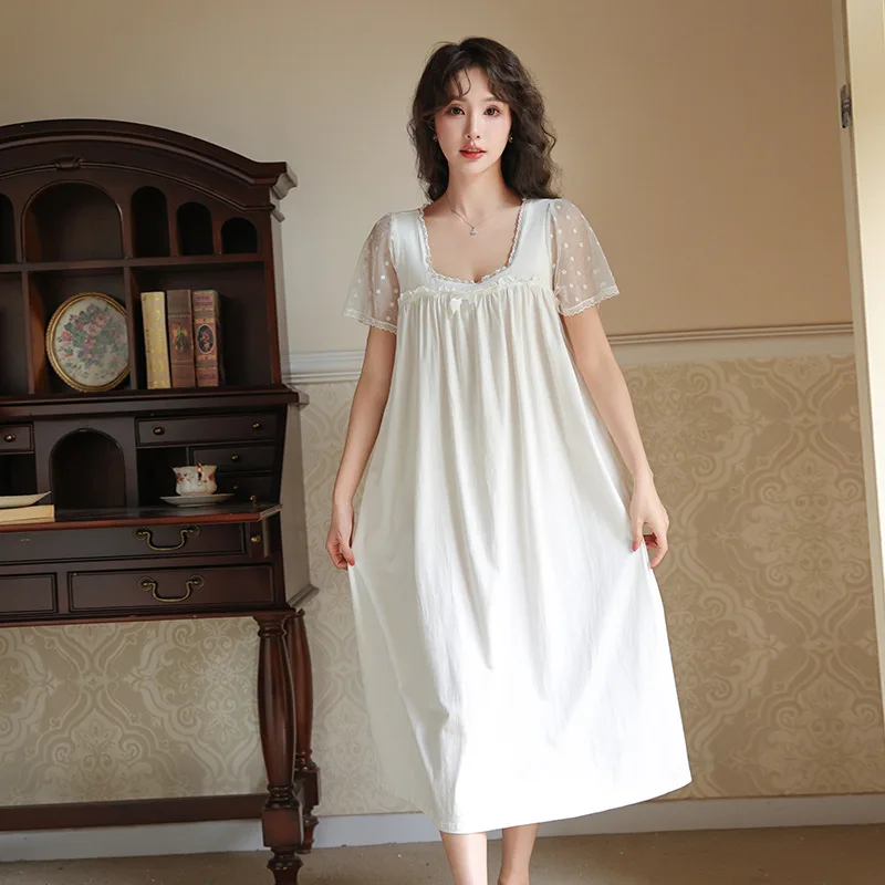 

Vintage Spring Summer Cotton Night Dress Women Sweet Short Sleeve Nightgown Lace Long Nightdress Princess Sleepwear Nightwear