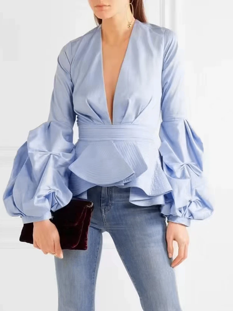 VGH Solid Patchwork Ruffles Casual Shirts For Women V Neck Long Sleeve Tunic Temperament Blouses Female Autumn Fashion Style New