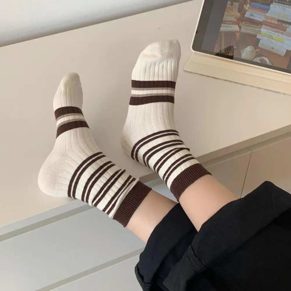 الرجعية القطن جوارب مخططة طبقة مزدوجة محبوك الأوسط جوارب أنبوبية سميكة النمط الياباني مترهل الجوارب للنساء الفتيات #2