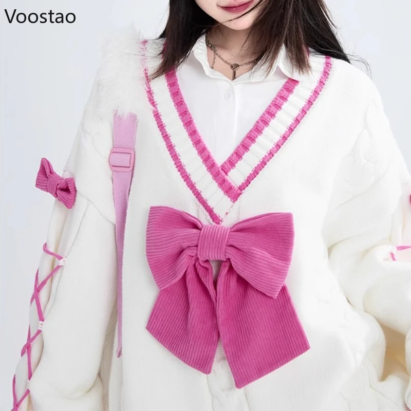 اليابانية الحلو القوس لوليتا نمط محبوك بالأزرار النساء Y2k الجمالية كل مباراة الخامس الرقبة موضة ضمادة فضفاضة JK البلوزات معاطف #6