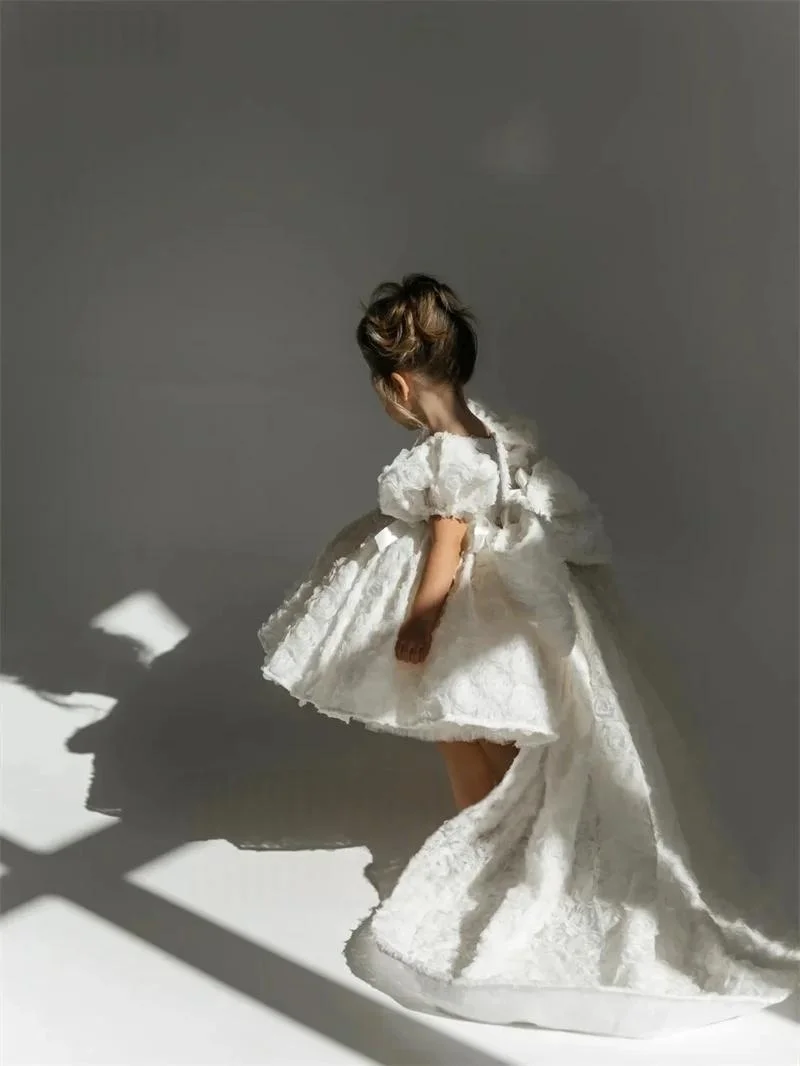 Custom Luxury White Puff Sleeve Embroidery Trailing Train Flower Girl Gown Pageant Runway Guest Bday Kids Wedding Short Party Dr