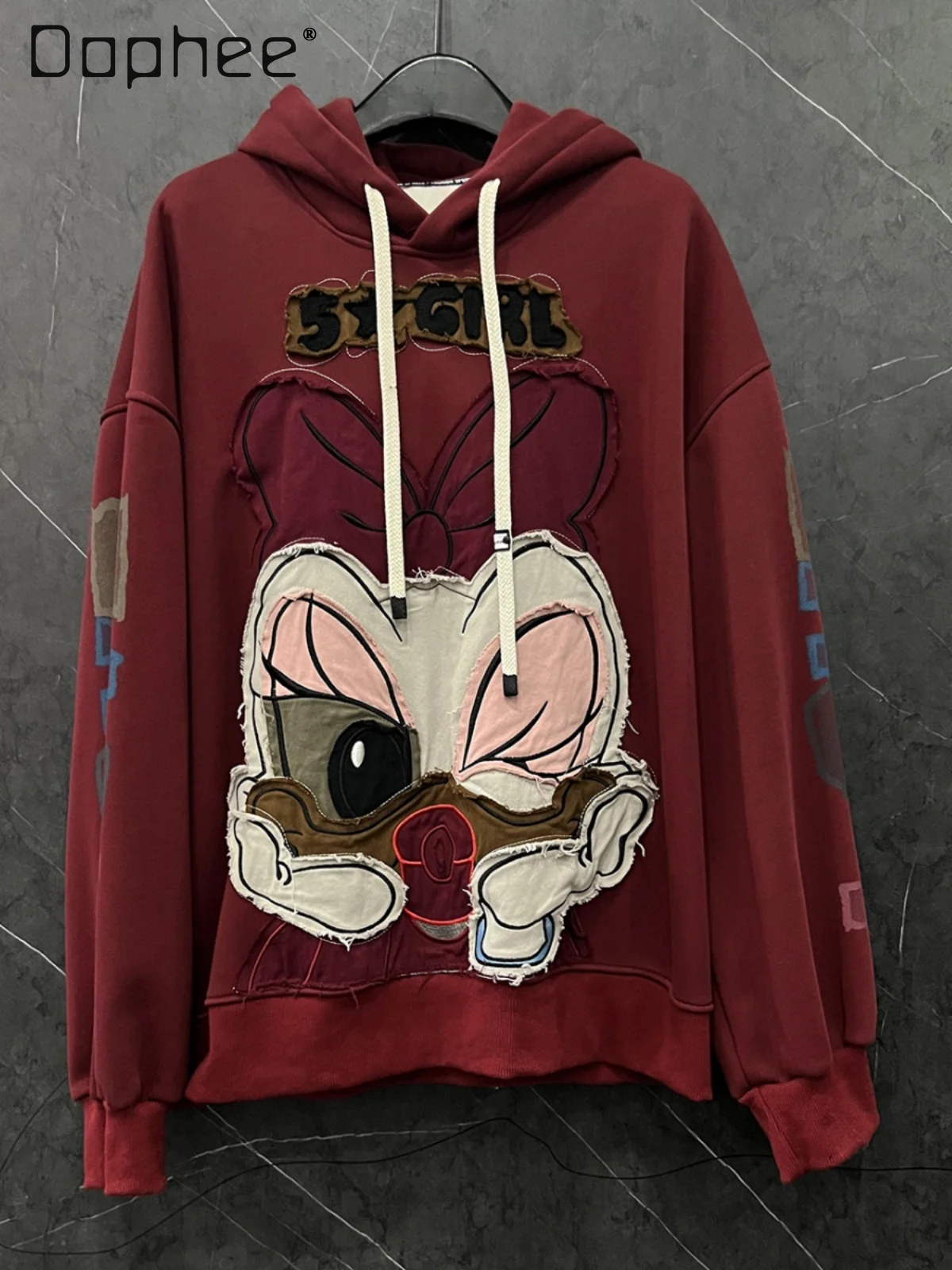 2024 Autumn and Winter New Heavy Industry Cartoon Sticker Embroidered Fleece Hooded Bow Sweatshirts Women's Loose Casual Top