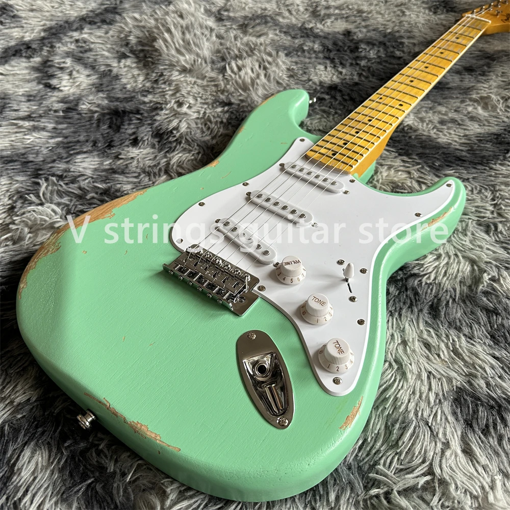 

in stock green aged handed relics electric guitar maple fingerboard chrome hardware hot selling old guitarra