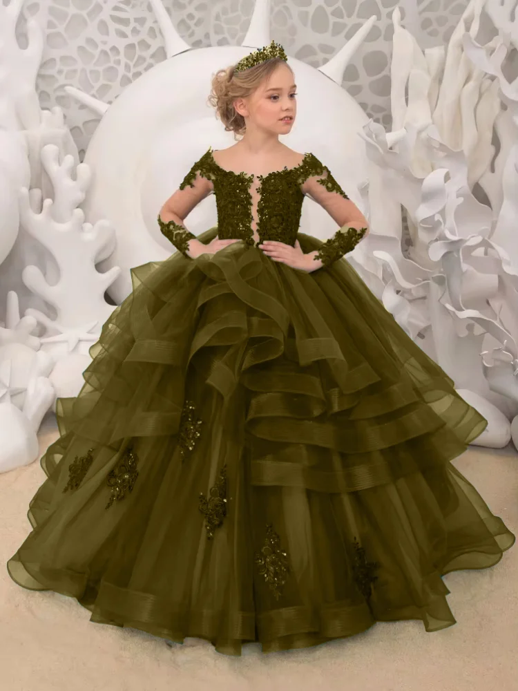 Customized Flower Girl Dresses Dark Green Tulle Appliques Pattern Tiered Long Sleeve For Wedding Birthday Banquet Princess Gown image 3