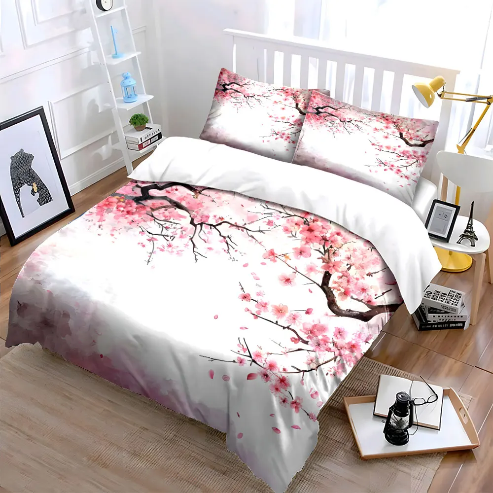 Elegant Pink Sakura Branch Background Duvet Cover Set with 3D Printing Design Soft Polyester Bedding Set All-Season Comfort