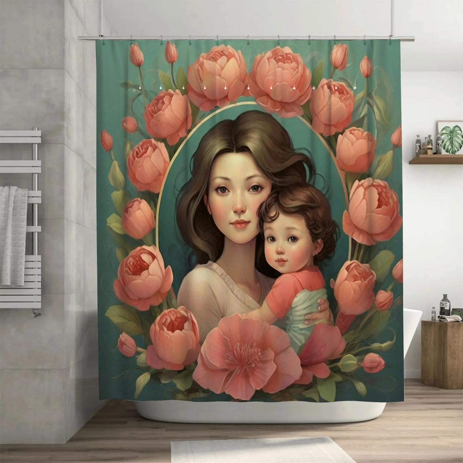 Charming Mother and Child Floral Shower Curtain - Waterproof, Mildew-Resistant, Machine Washable for Elegant Bathroom Decor