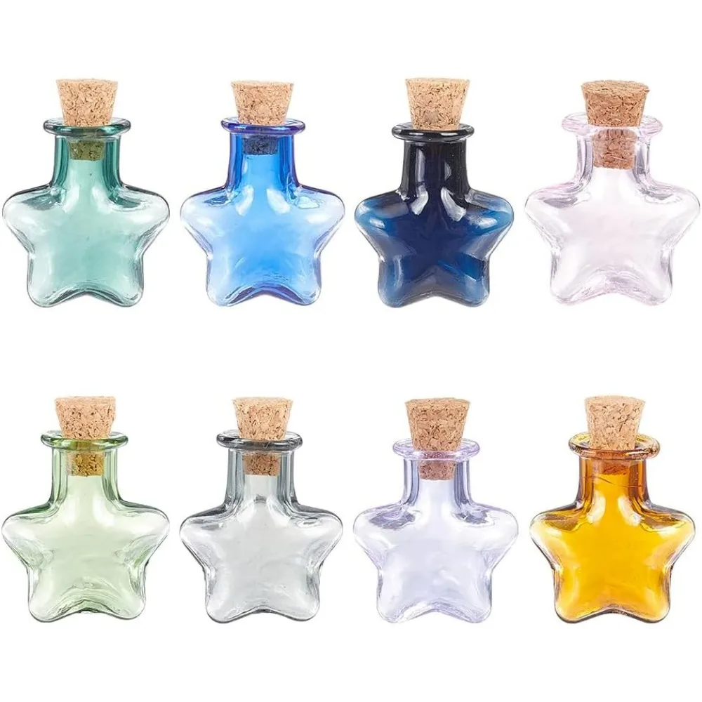 8pcs Tiny Star Wishing Glass Jar 8 Colors Mini Glass Drifting Bottles Cute Star Wishing Bottles with Cork Stopper making kit