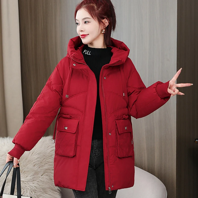

For Woman Pockets Zipper Up Black Khaki Parka Jacket Mujer 2025 Winter New Hooded Parkas Women Thicken Warm Mid Long Outwear