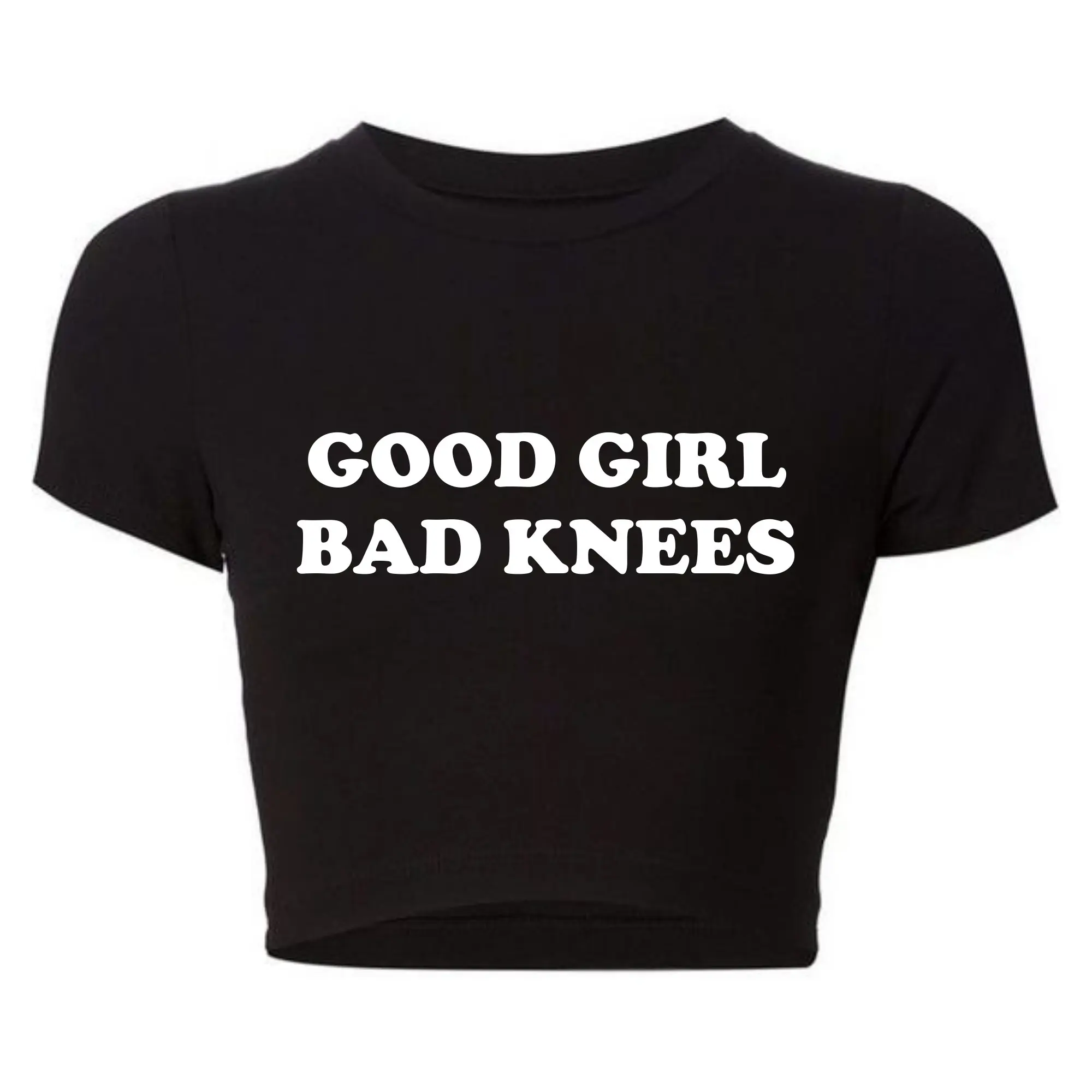 Good Girl Bad Knees Women Cropped Tops Harajuku Y2k Clothes Graphic Tee 2000s Grunge Goth Aesthetic T Shirt Baby Tee Female Top