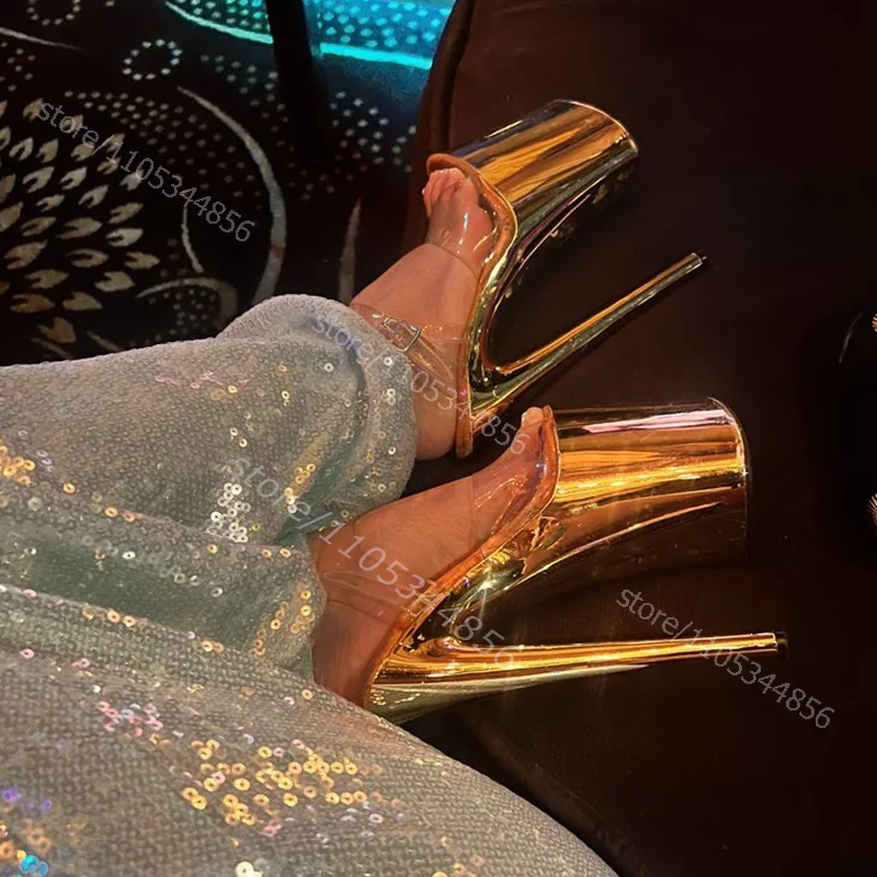 Shiny Gold Mirrored Steel Pole Dance Sandals Sexy Stage Silver Patent Leather 8 Inch 20cm Heels Girl Dance Shoes Yellow Crystal