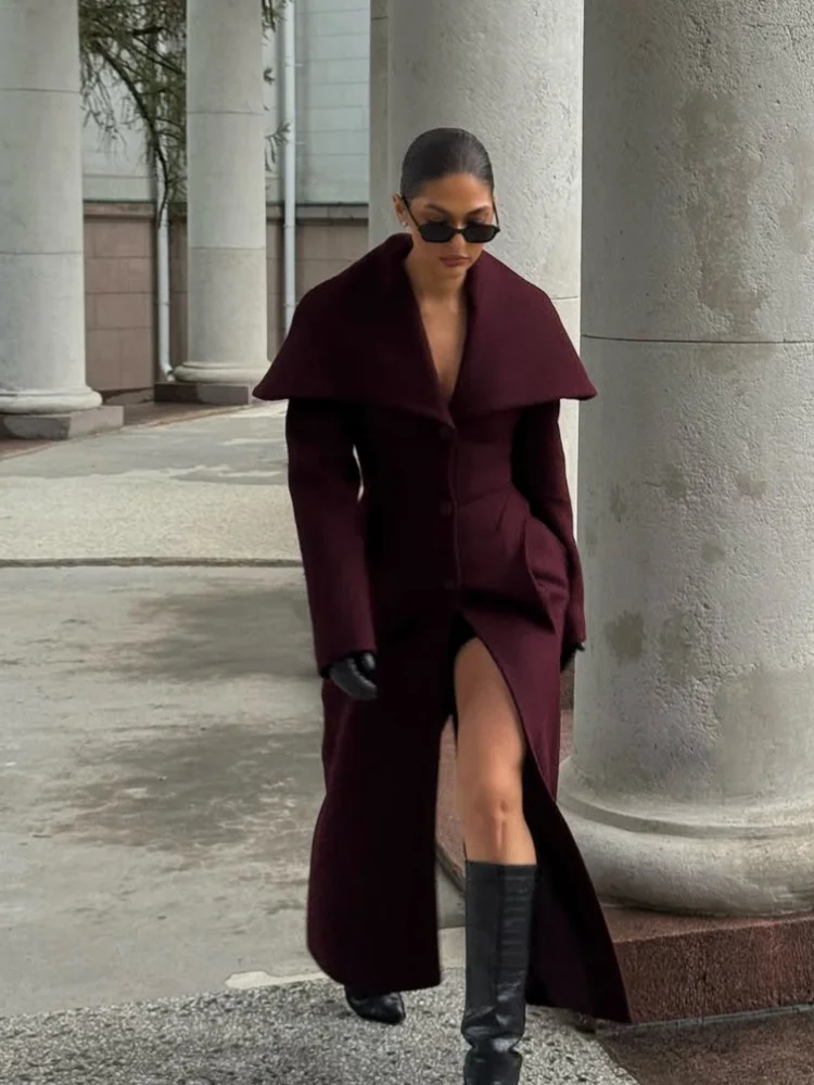 المرأة أنيقة التلبيب معطف الصوف الصلبة واحدة الصدر الخصر Cinching ضئيلة معطف طويل سيدة الخريف الشتاء تخفيف ملابس خارجية