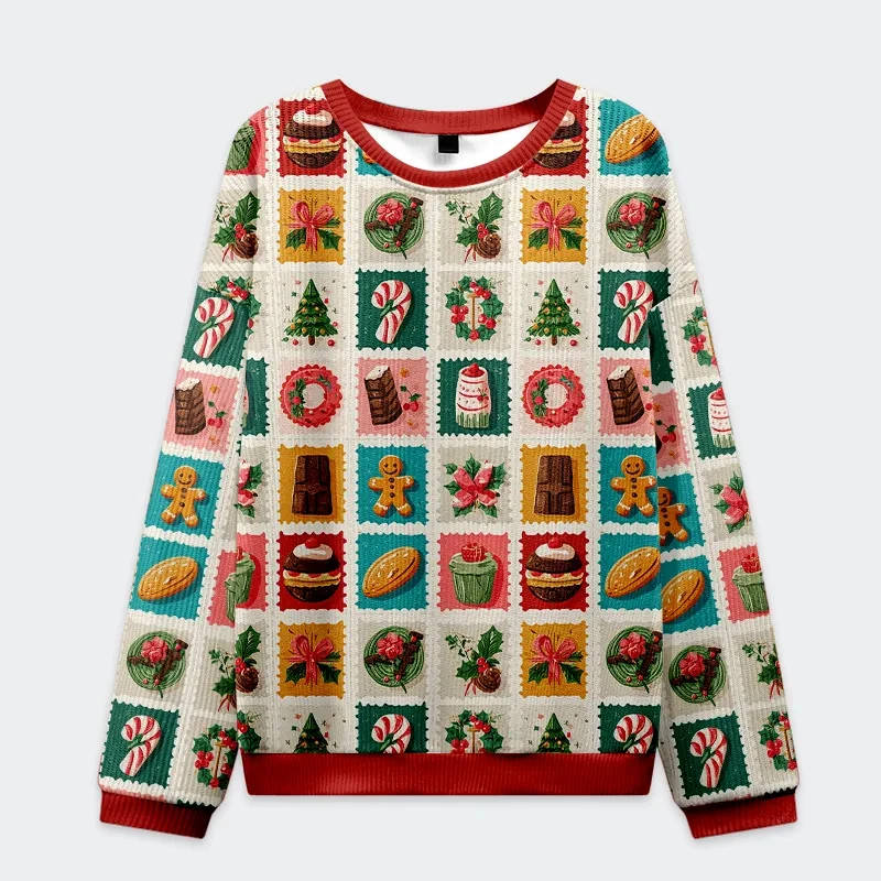 Christmas Dessert Stamp Patchwork Sweatshirt Gingerbread Candy Cane Ugly Xmas Pullover Unisex Kids Adult Holiday 3D Print Top