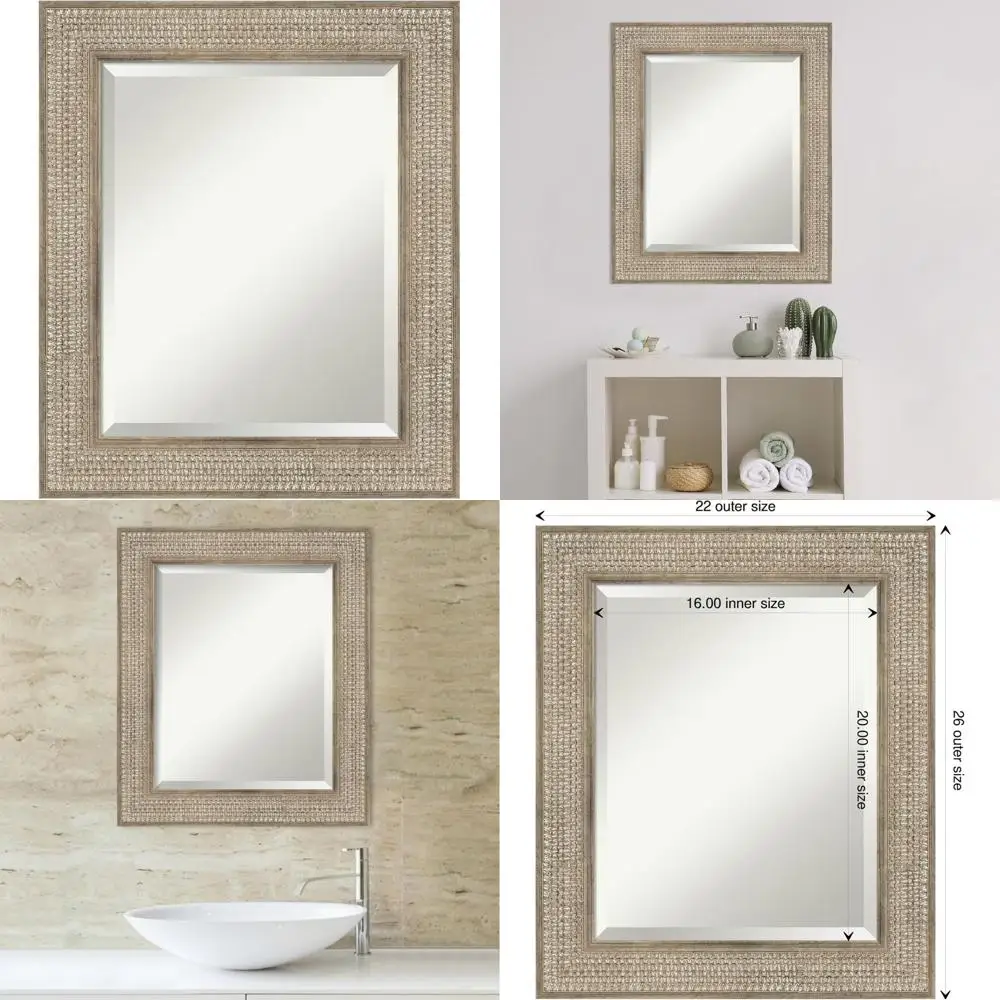 

26x22 Inch Traditional Silver Framed Vanity Mirror with Beveled Edges for Bathroom Wall Decor