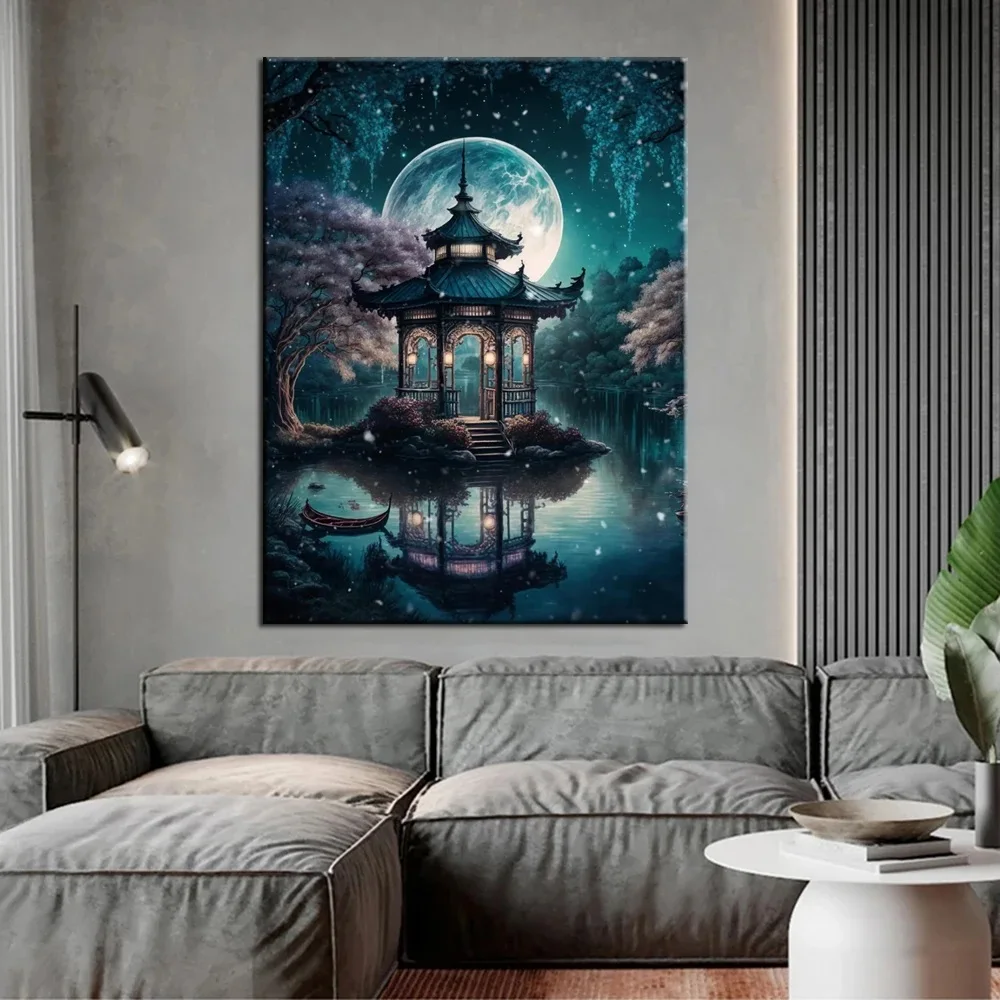 5D Diy Diamond Embroidery Beautiful Moon and A pavilion In the lake Diamond Painting Cross stitch Needleworks Home Decor V644