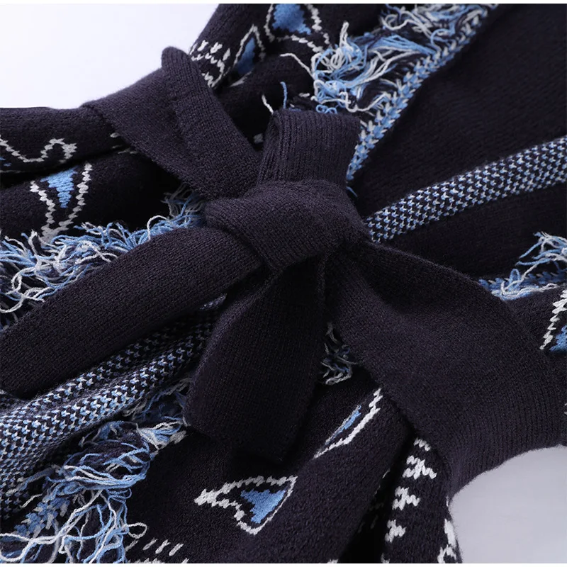 Vintage-Quasten-Druck-Damen-Cardigan mit V-Ausschnitt, Schnürung, volle Ärmel, gespleißte Pullover, 2025, Herbst-Dame, All-Match-Kintwears – Detail 9