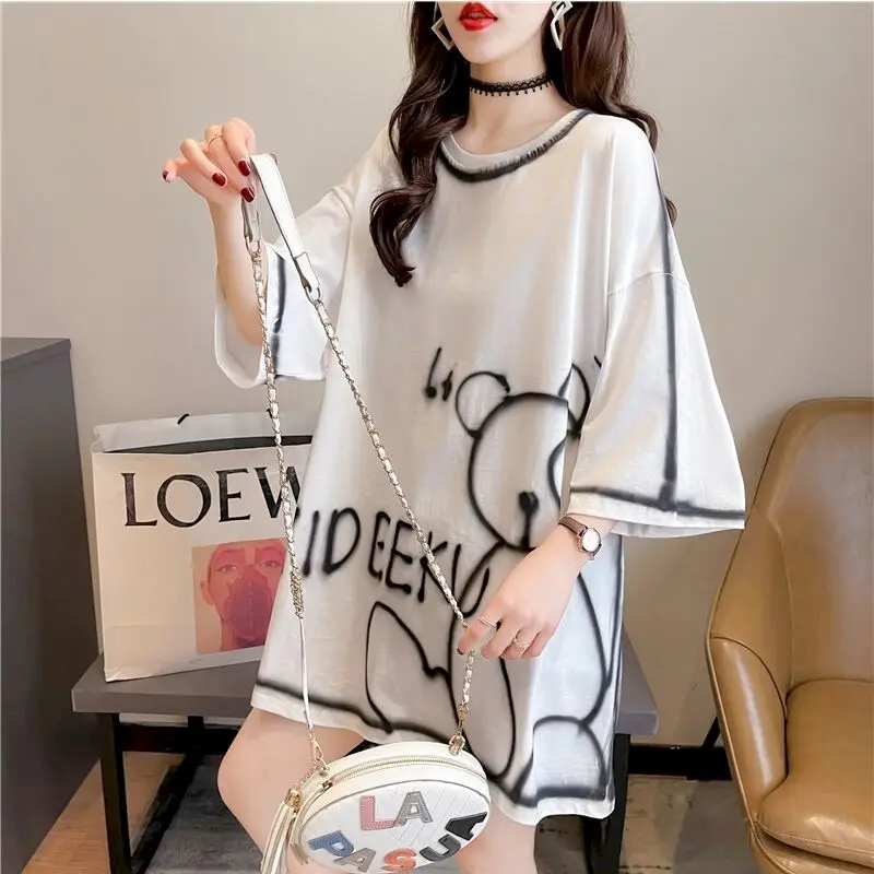 Casual Large Size T Shirt Women Loose Short-sleeved T-shirt Summer New Loose All-match Mid-length Top Womens Kawaii Clothes 2024