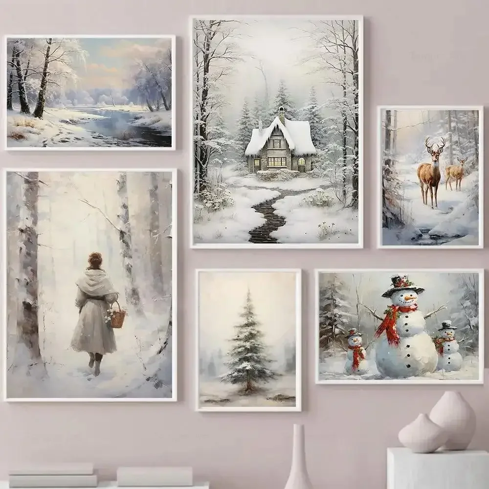 Modern Minimalist Farmhouse Elk  Snowman HD Canvas Wall Art  Holiday Vibes Poster for Bedroom  Living Room Decor