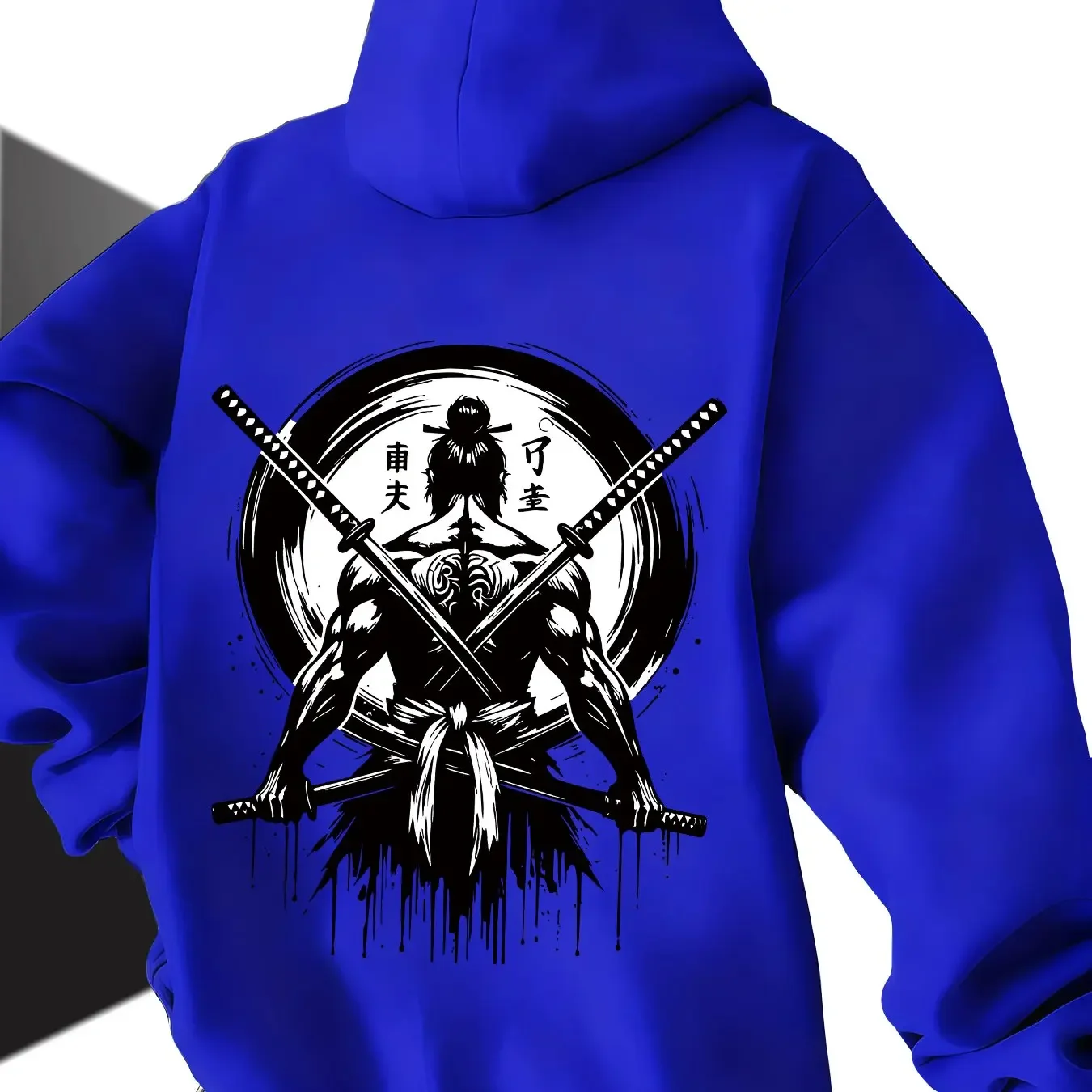 Japanese Samurai Three Swords Ink Wash Back Graphic Hoodie Men Anime Streetwear Unisex Autumn Winter Fleece Sweatshirt