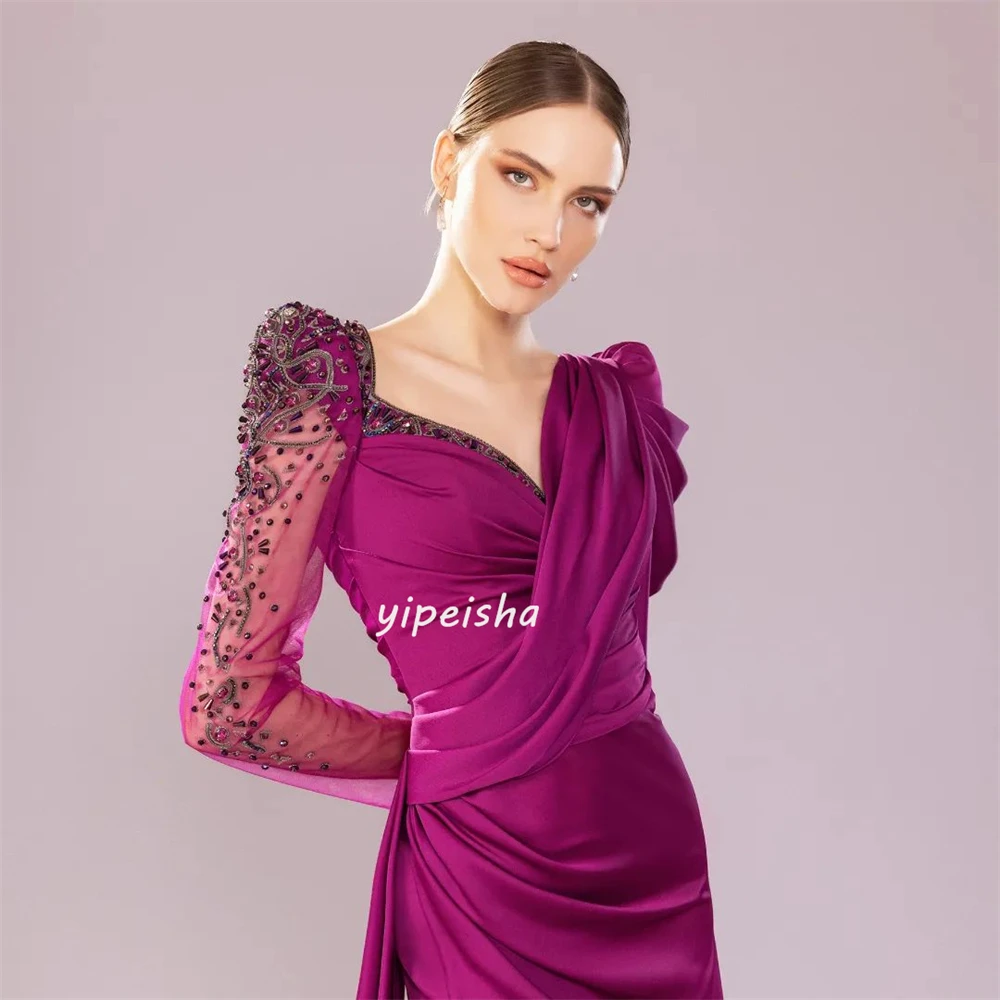 Exquisite Satin Applique Sequined Pleat Ruched Rhinestone Straight Poretrait Sweetheart Long Dresses Prom Dresses Classic