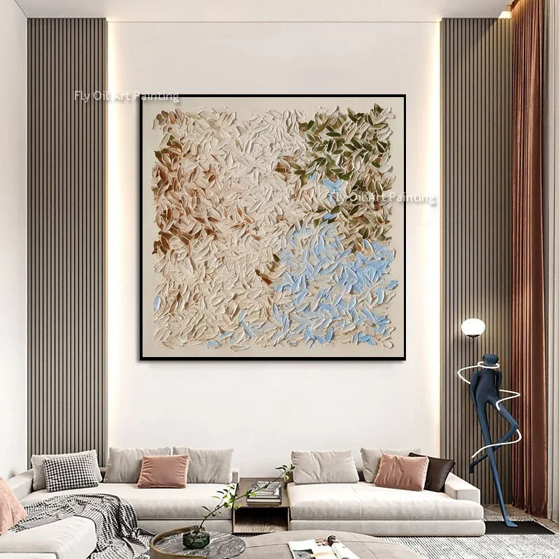 Earthy Blue Beige Impasto Abstract Canvas, Hand‑Painted Palette‑Knife Oil Art, Wabi‑Sabi Nature‑Inspired Square Wall Decor