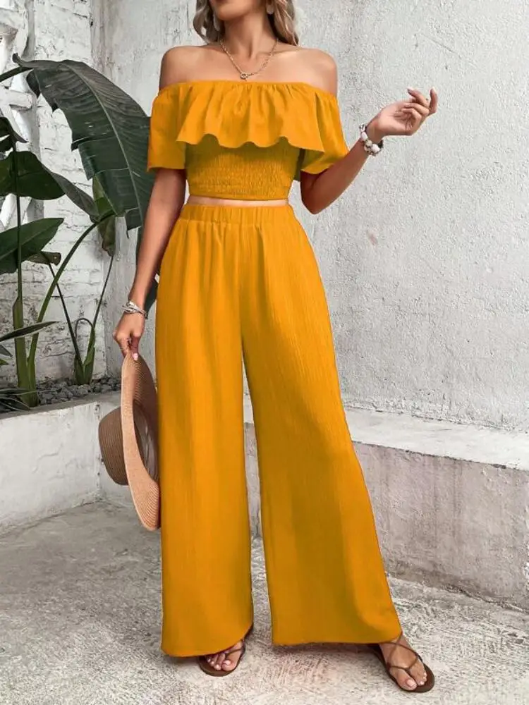 Summer new casual temperament commuter solid color one line shoulder blazer solid color wide leg pants