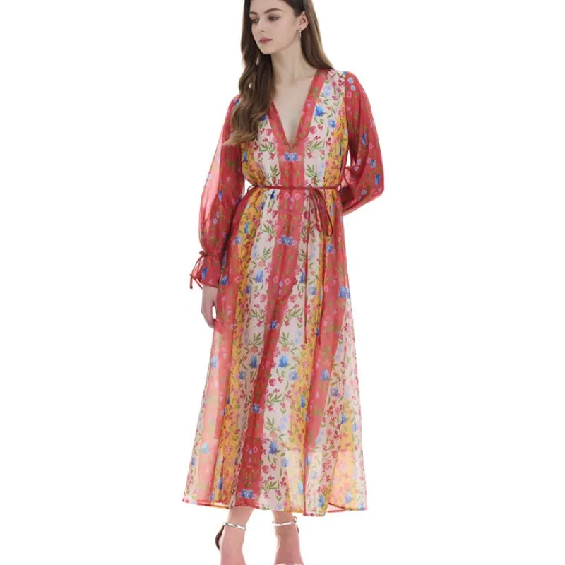 กระโปรงทรงเอเอวสูงผ้าโพลีเอสเตอร์ รุ่น Ele V-Ne Long Sve ทรงบาน เหมาะสำหรับใส่ในฤดูใบไม้ผลิ ฤดูร้อน ฤดูใบไม้ร่วง และฤดูหนาว