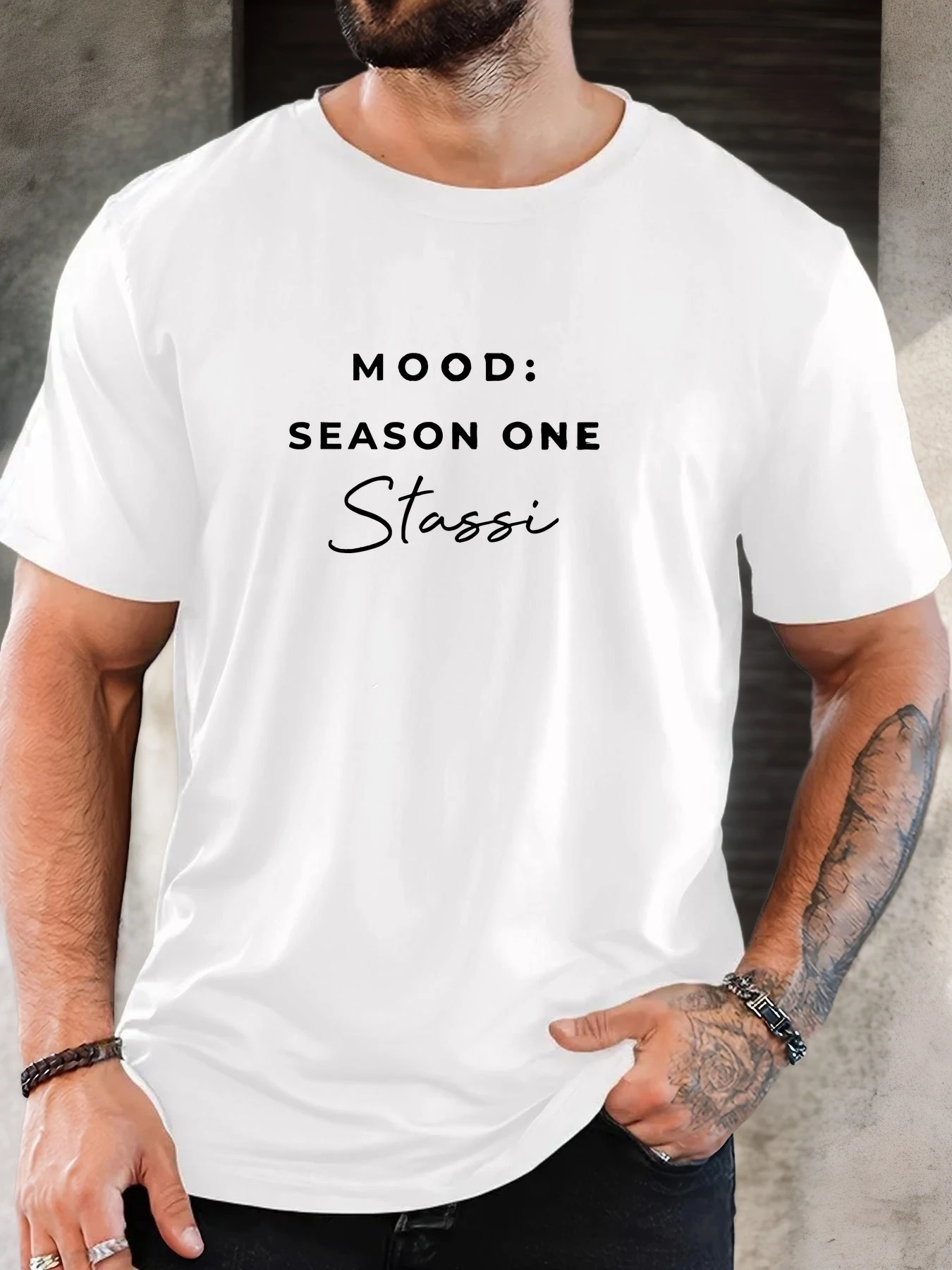 Men Black Crew Neck Tee Minimal White Mood Season One Stassi Dual Font Simple Tv Quote Text Print Soft Short Sleeve Vanderpump