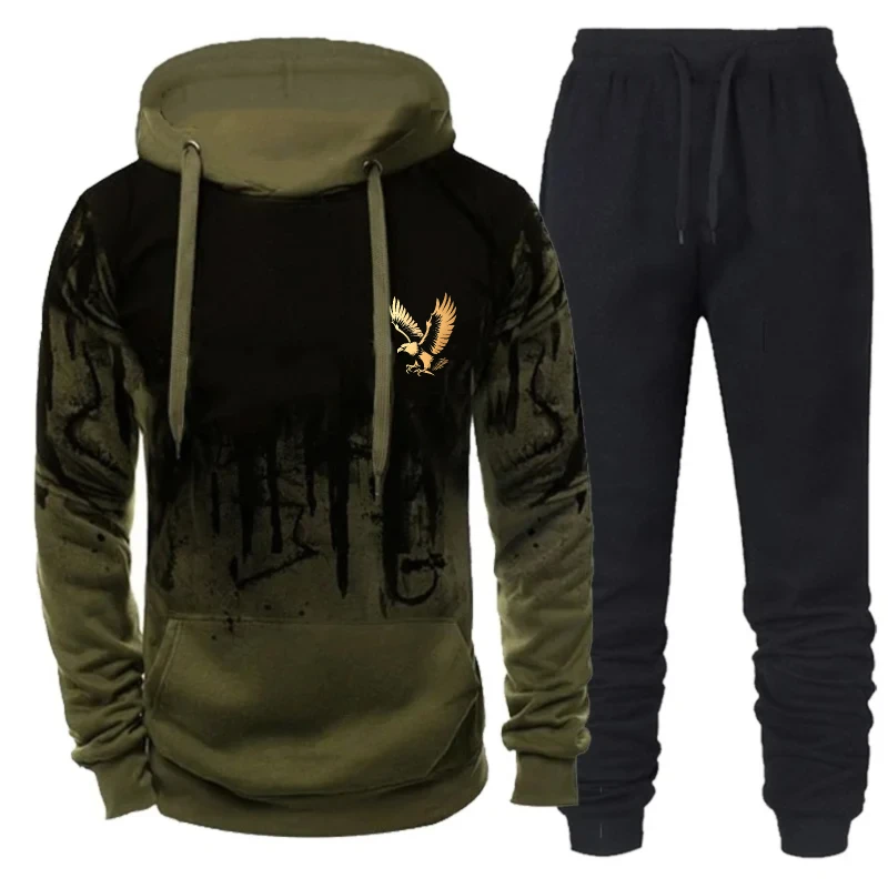 طقم ملابس رياضية بقلنسوة للرجال باللون الأسود والرمادي النسر ملابس كاجوال للأنشطة الخارجية والاستخدام اليومي #5