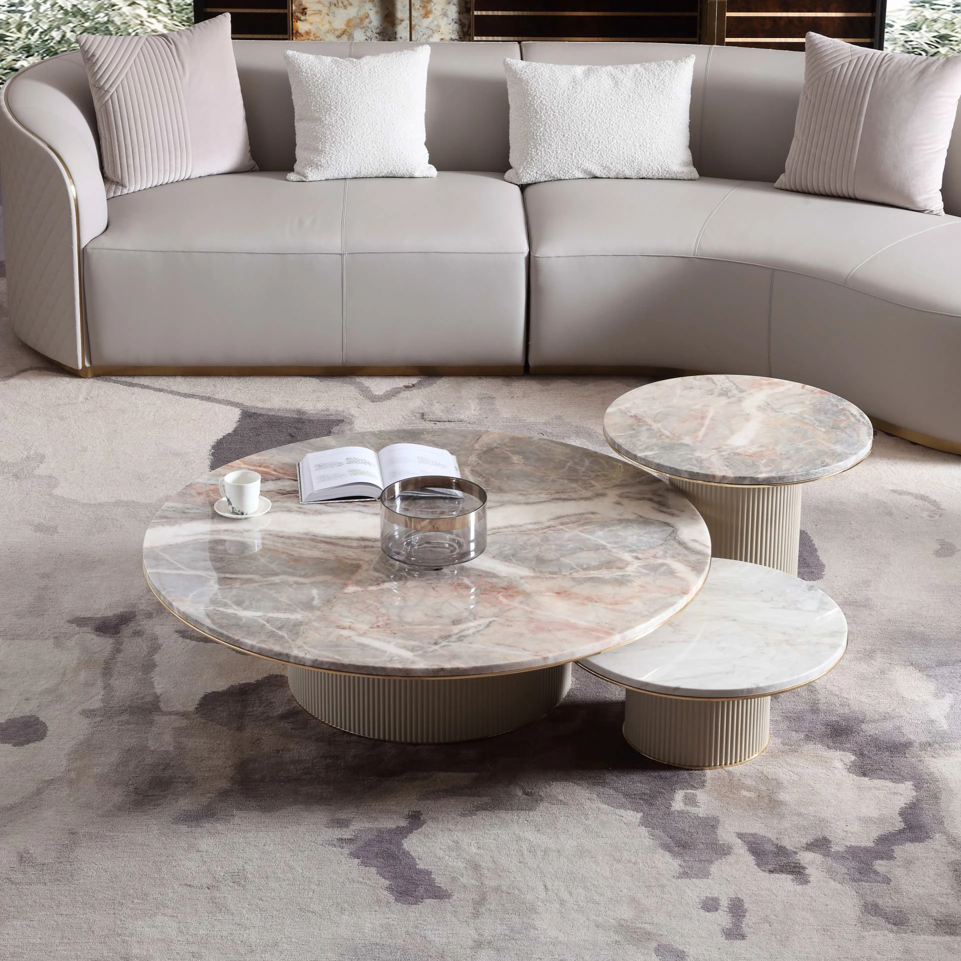 

For Luxury Marble Veneer Coffee Table Combination Gray Painted Table Legs High End Round Coffee Table