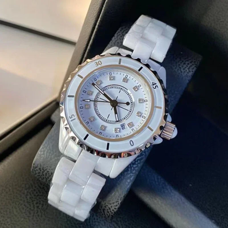 2025 Лидирующий люксовый бренд, керамические часы для женщин, бриллиантовый календарь, циферблат, 33 мм, 38 мм, женские модные кварцевые часы