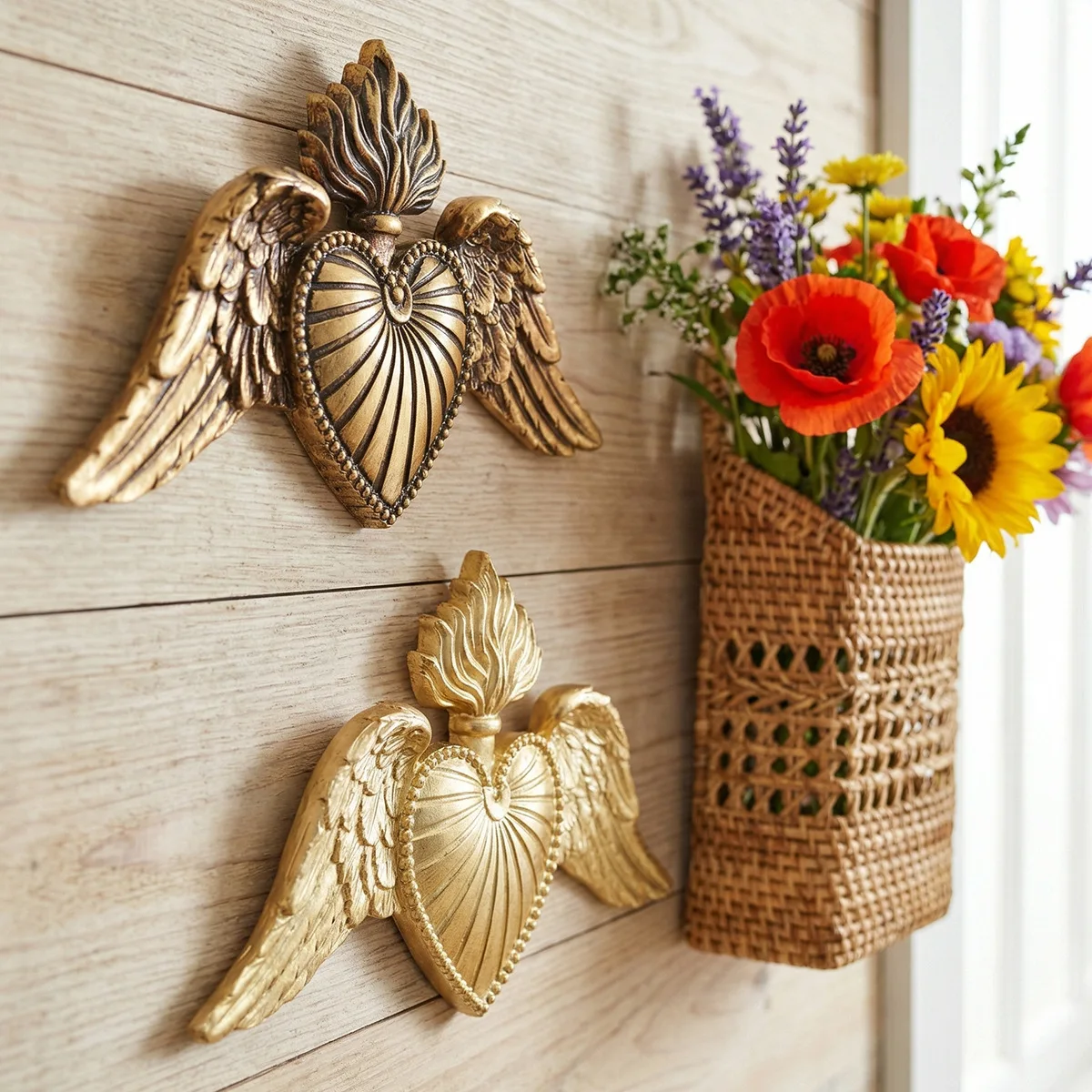European-style flame heart wings wall hanging Baroque three-dimensional relief heart-shaped wall decoration for the entrance,