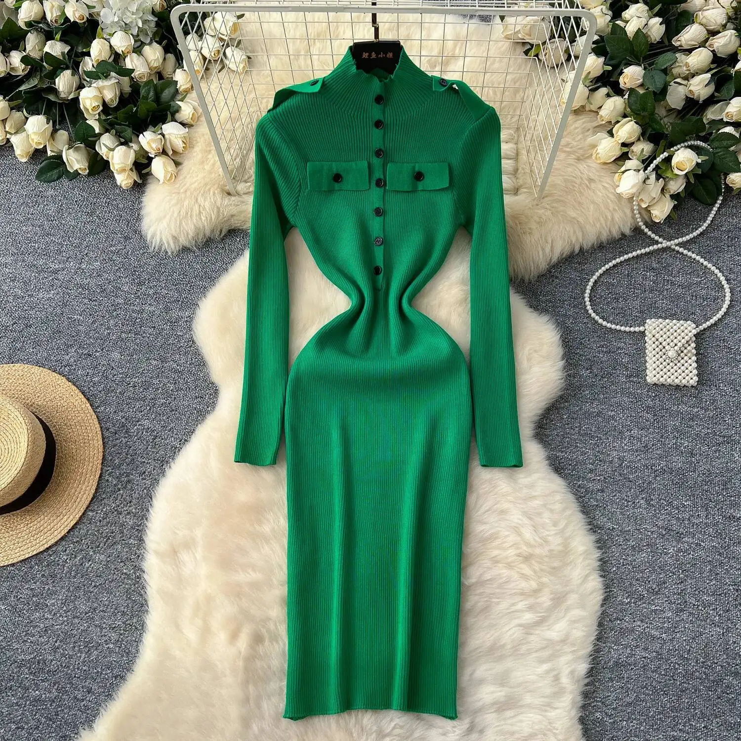 シックでエレガントなソリッドニットスプライススリム長袖ペンシルドレスフェアリー秋のベスティドス女性用パーティー