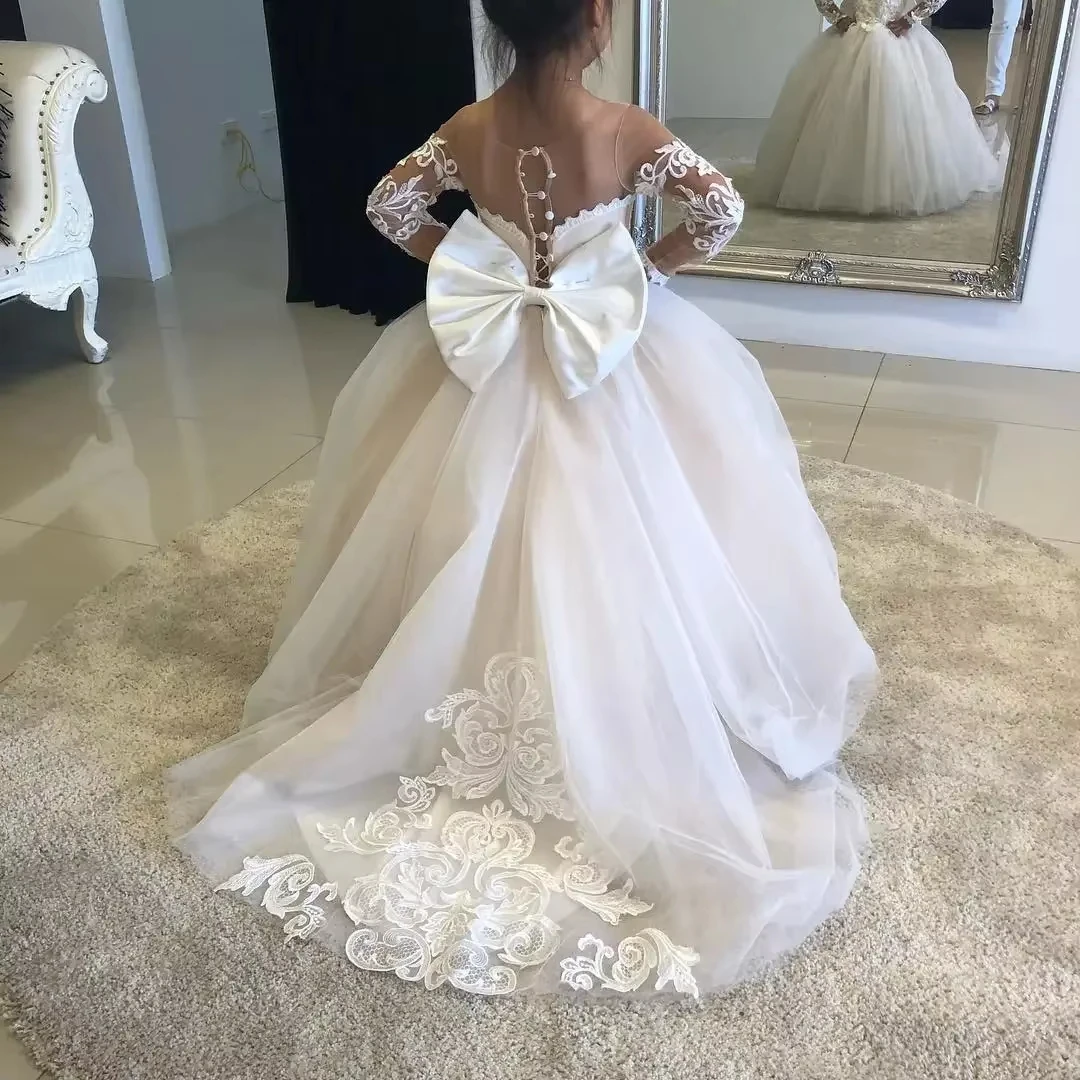 Ivory Lace Tulle Train Flower Girl Dress Sweetheart Off Shoulder Illusion Long Sleeve A Line Bow Modest Wedding Communion Gown