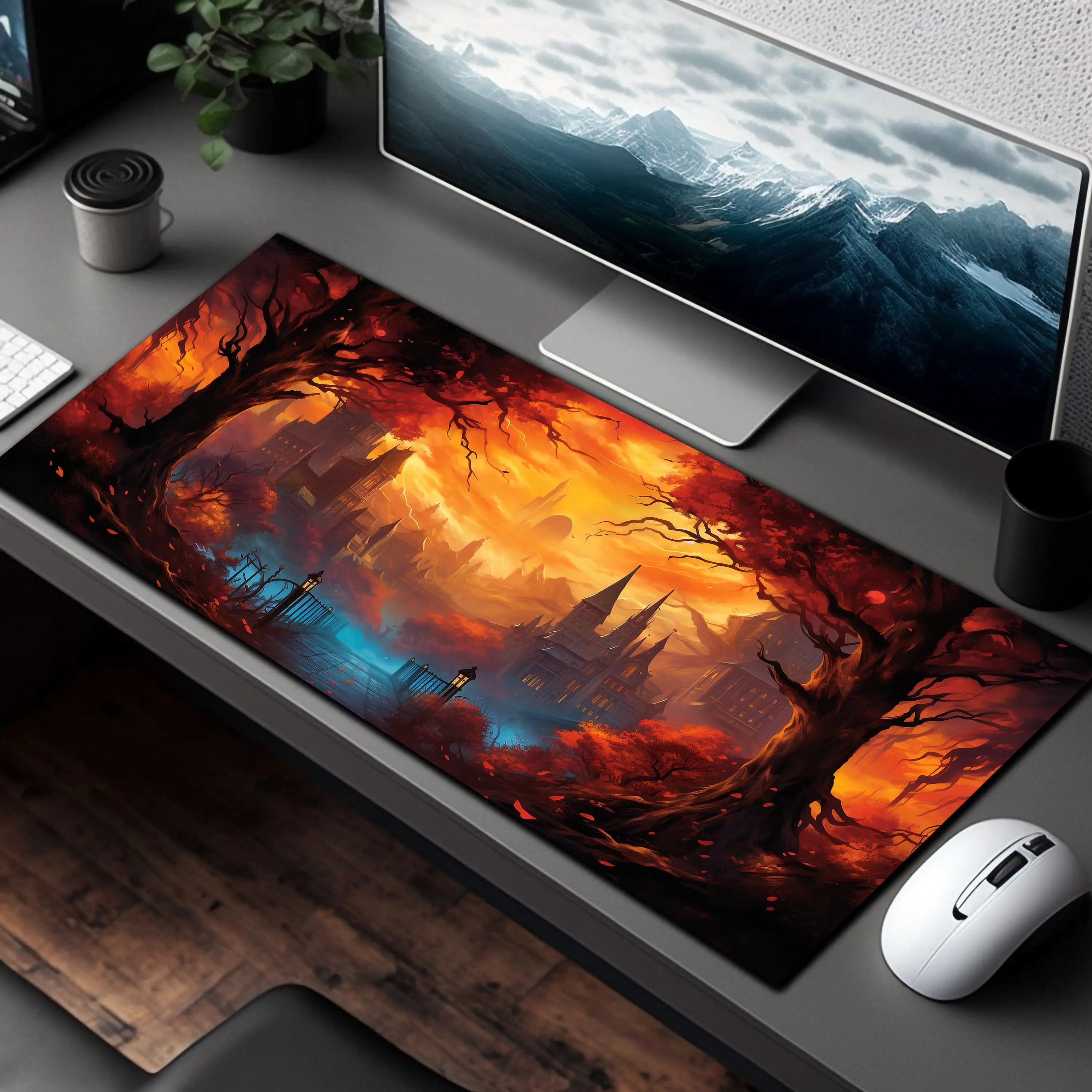 Burning City Fantasy Desk Mats, Game Mat Paradise, Apocalypse Deskmat, Climate Change Disaster Mousepad, Large Gaming Mouse Pad