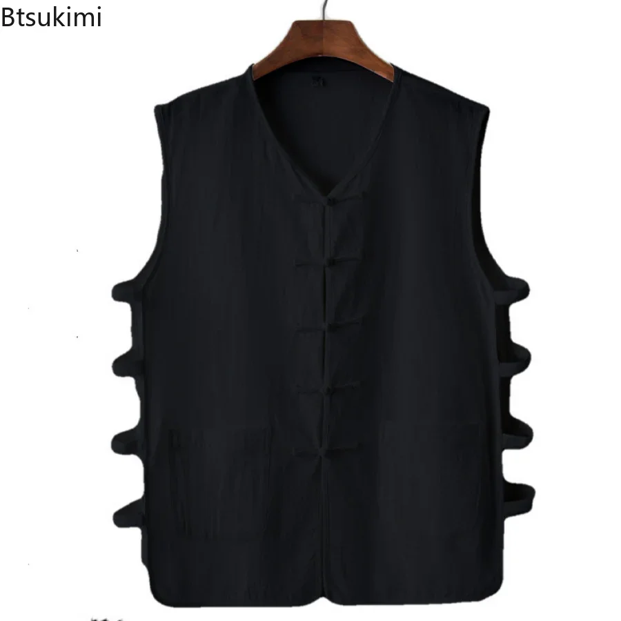 2024 Men\'s Casual Cotton Linen Vest Top Solid Retro Disc Buckle Sleeveless Trendy Vest for Men Oversized Summer Mandarin Jacket