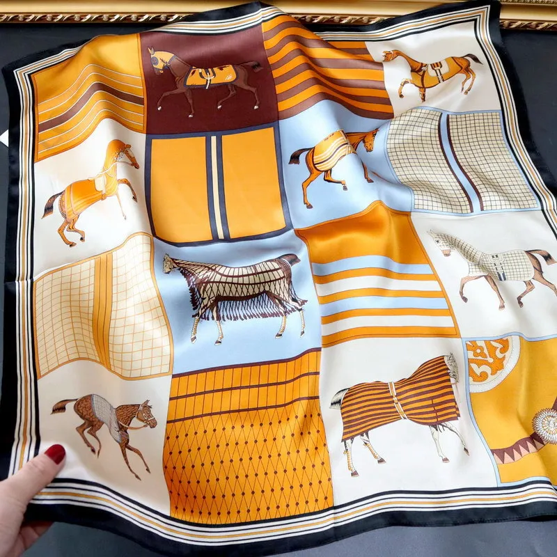

Horse Print Square Silk Scarf Women Luxury Designer Bandanas Shawls Hijab Scarves for Ladies Foulard Femme Christmas Gift 65CM