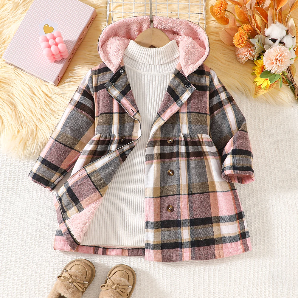 Girls' autumn and winter color-blocked plaid hooded fleece jacket with waist-fitting and button-up princess style casual wear