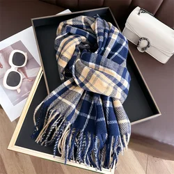 2024 Korean Styles Imitation Cashmere Stripe Plaid Warm Shawl Scarf Unisex Winter Fashion Versatile Tassel Pashmina Wrap